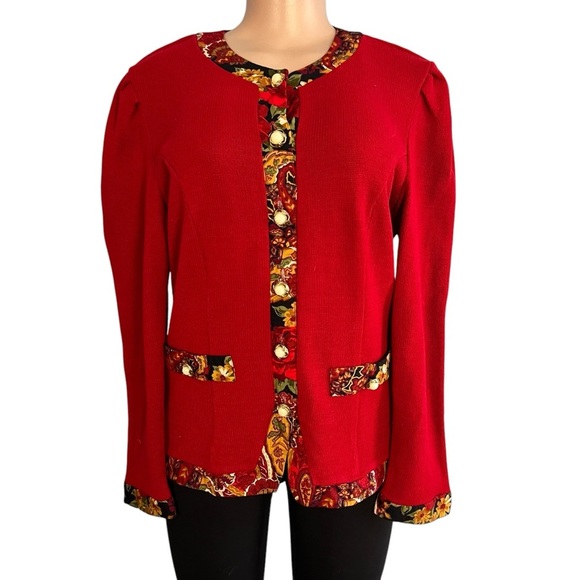 Matthew & David for B.L Vintage Elegant Red Knit Jacket with Patterned Trim - Picture 1 of 9